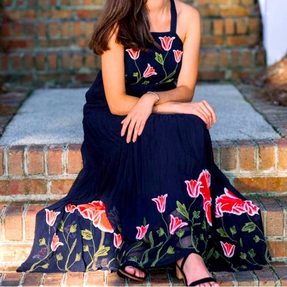 Anthropologie Floreat floral Navy
Blue Embroidered Maxi Dress boho formal fall - Picture 1 of 14